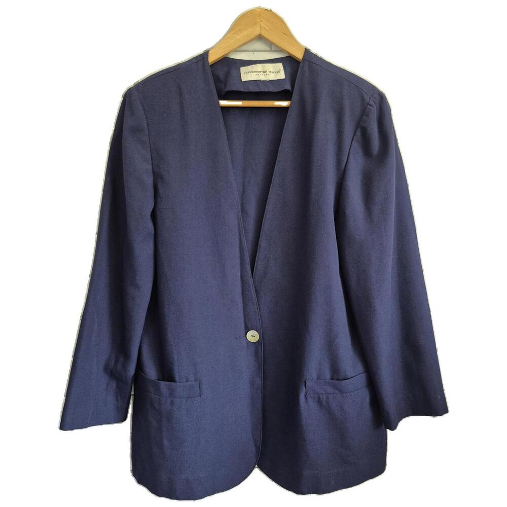 Fundamental Things Petites Vintage 90s Ladies Blue Collarless Blazer